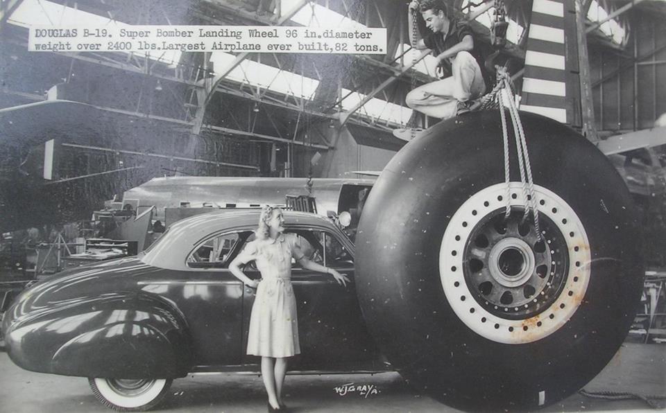 Illustrating the size of an XB-19 main gear wheel