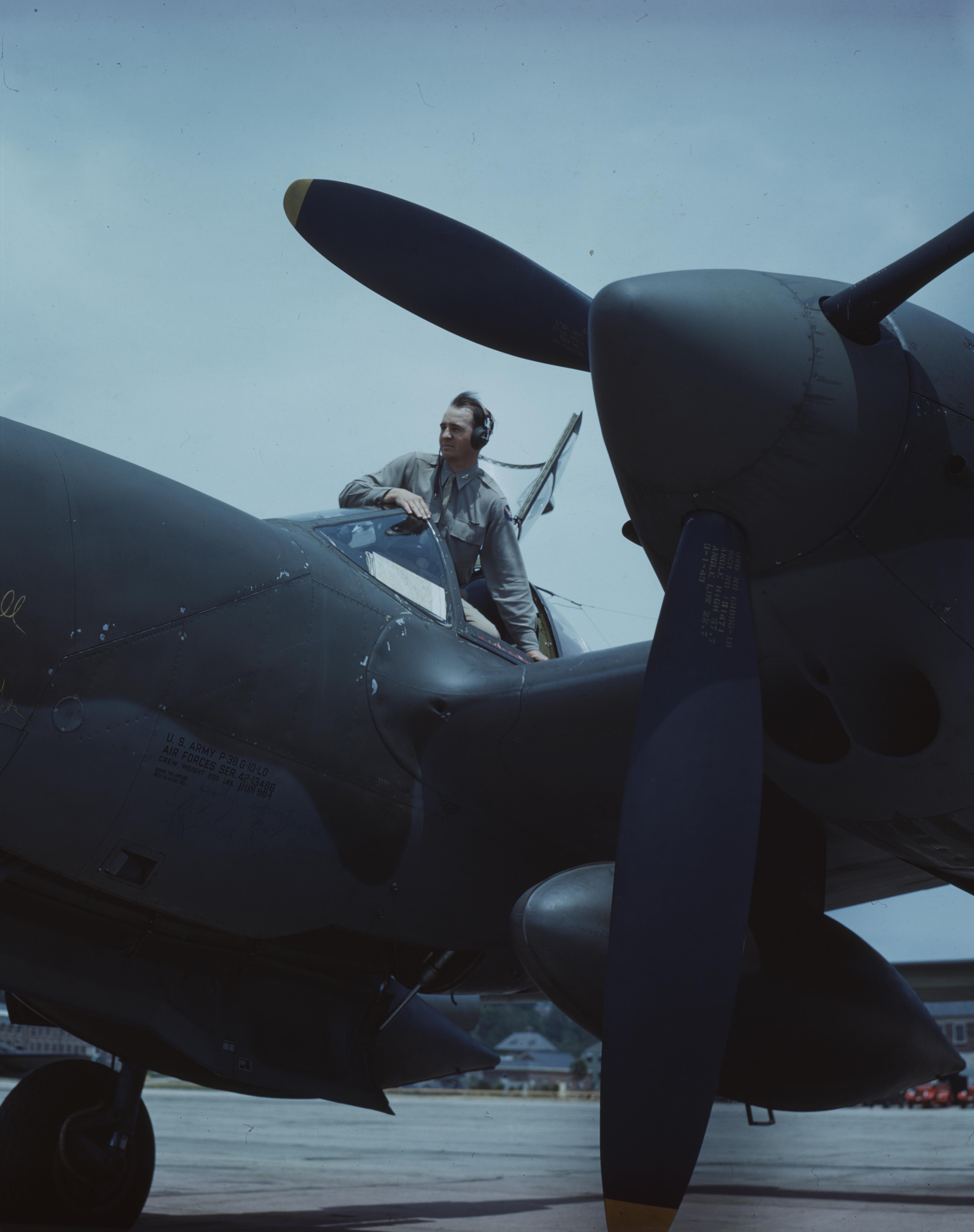 Pilot leaving a Lockheed P-38